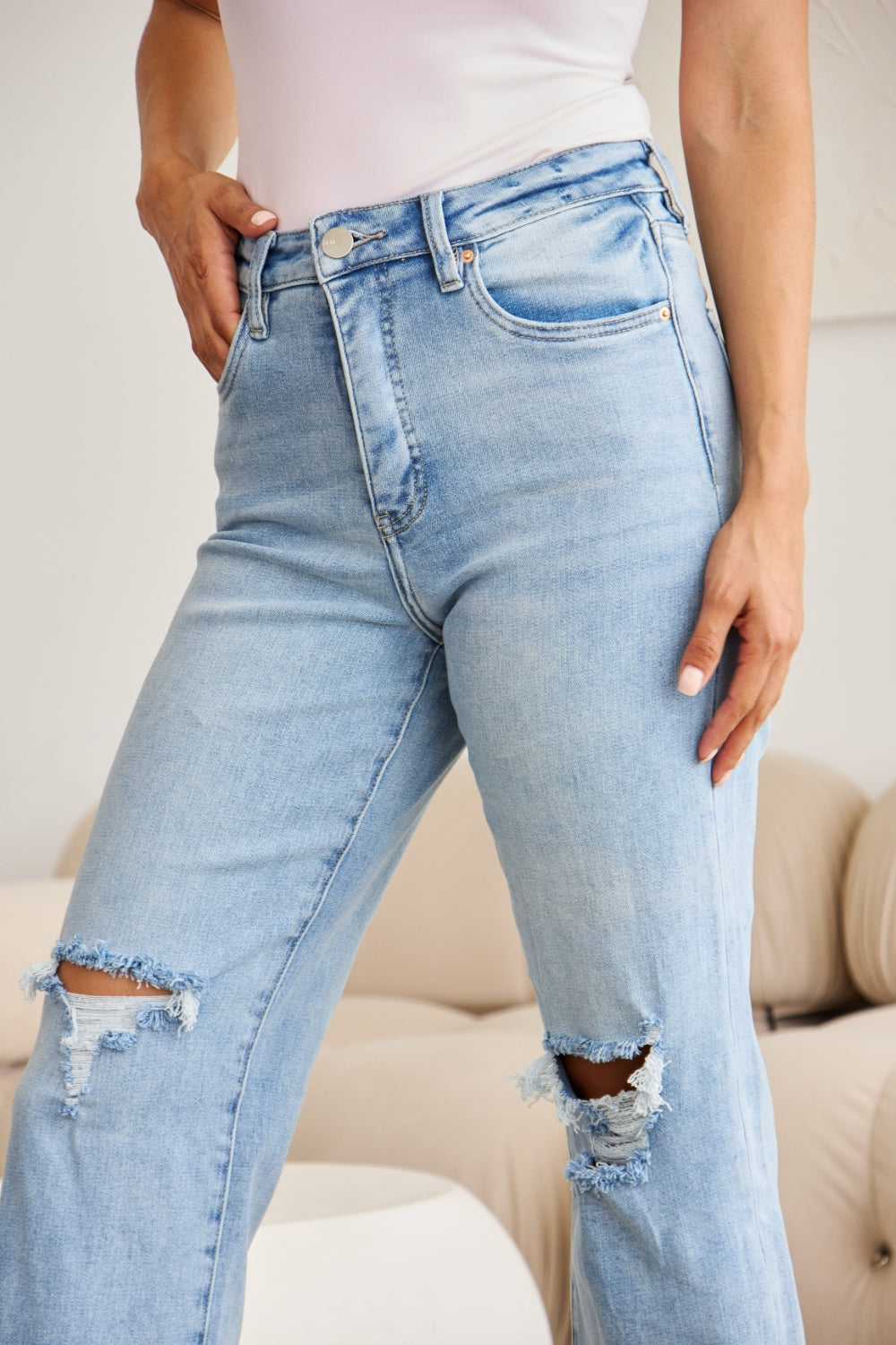 RFM Full Size Tummy Control High Waist Raw Hem Distressed Jeans - RebelReine Apparel & Co.