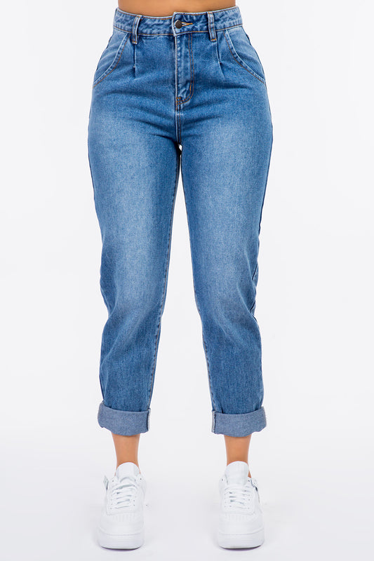 American Bazi High Waist Pleated Waist Mom Jeans - RebelReine Apparel & Co.