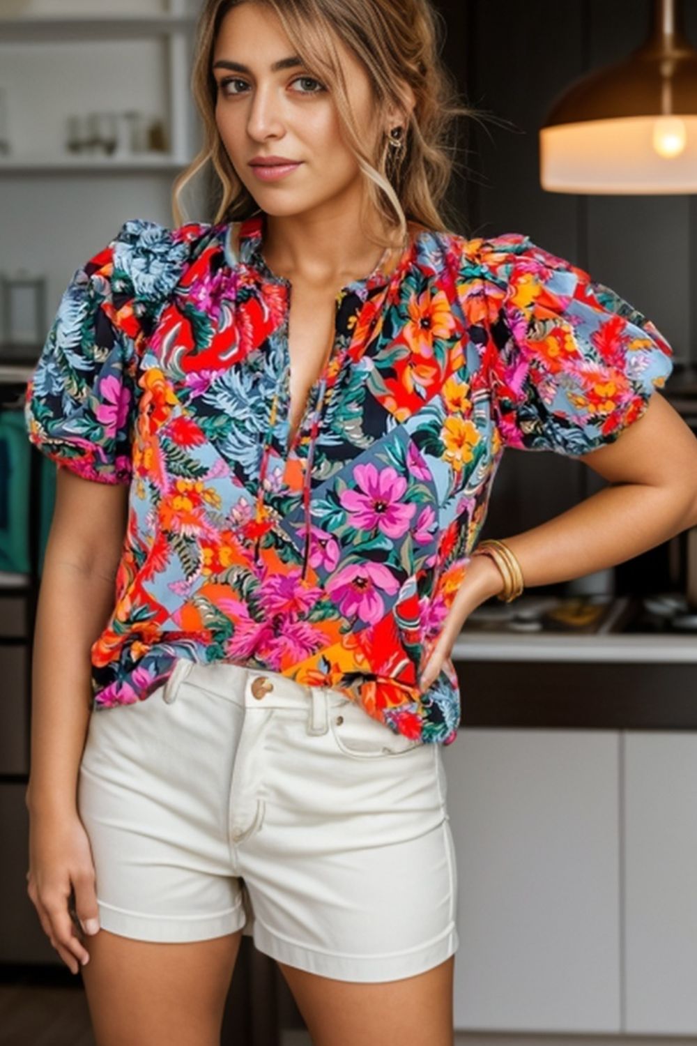 Ruffled Printed Tie Neck Short Sleeve Blouse - RebelReine Apparel & Co.