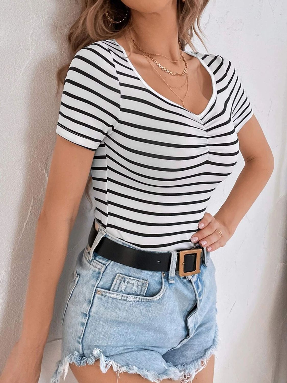 Striped V-Neck Short Sleeve T-Shirt - RebelReine Apparel & Co.