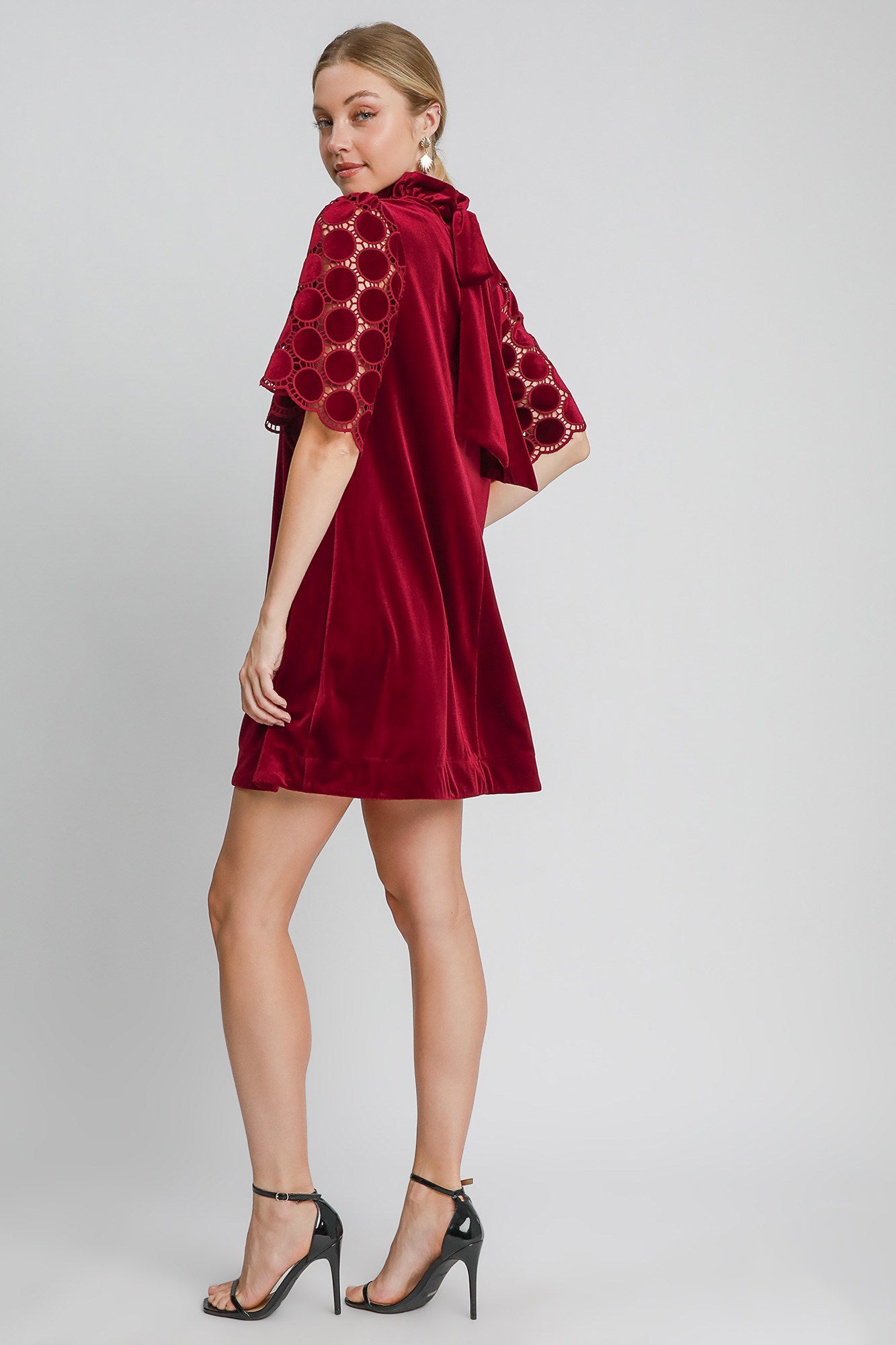 Umgee Dotted Lace Half Sleeve Mock Neck Back Tie Velvet Dress