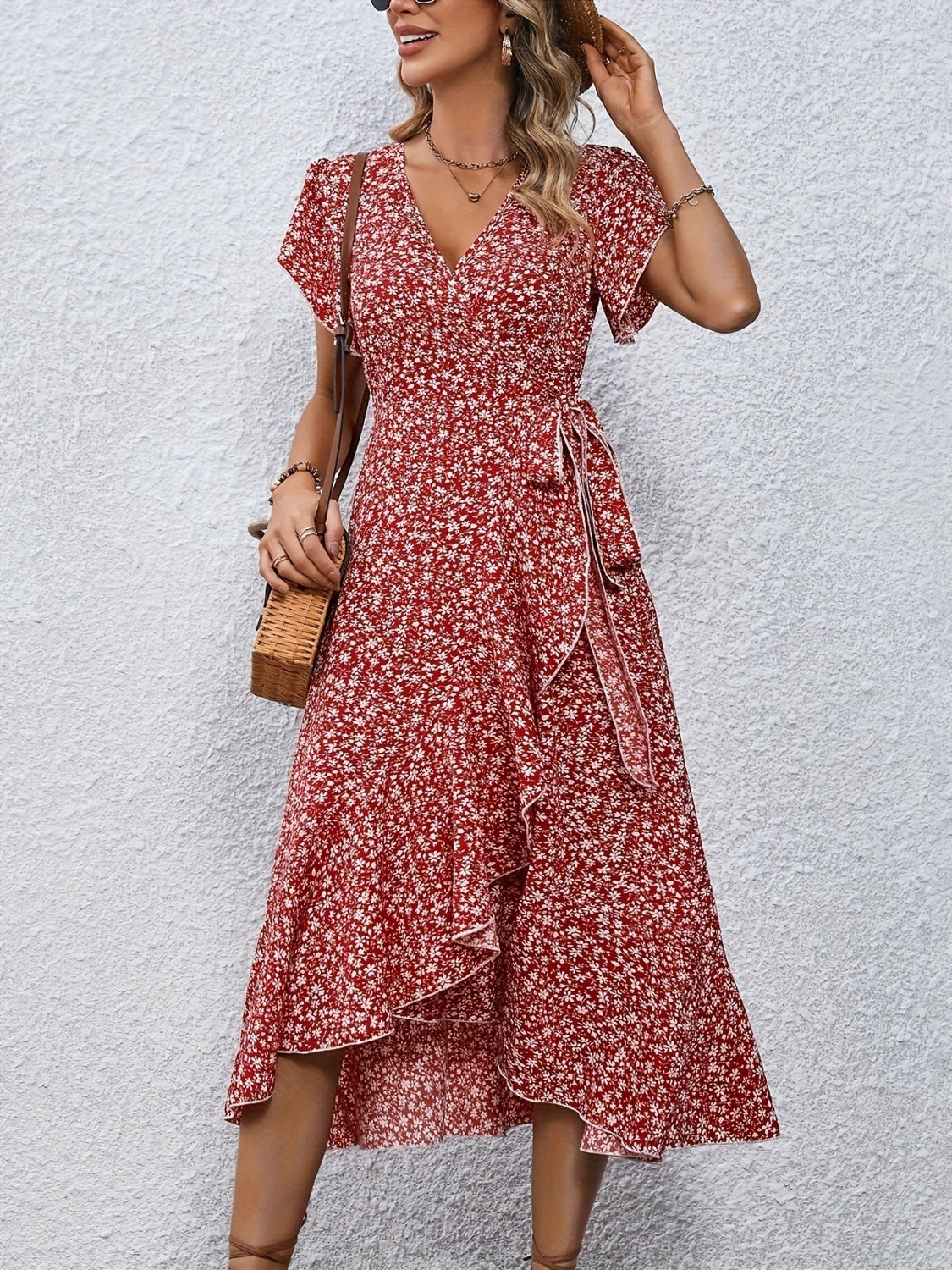 Printed Surplice Flutter Sleeve Midi Dress - RebelReine Apparel & Co.