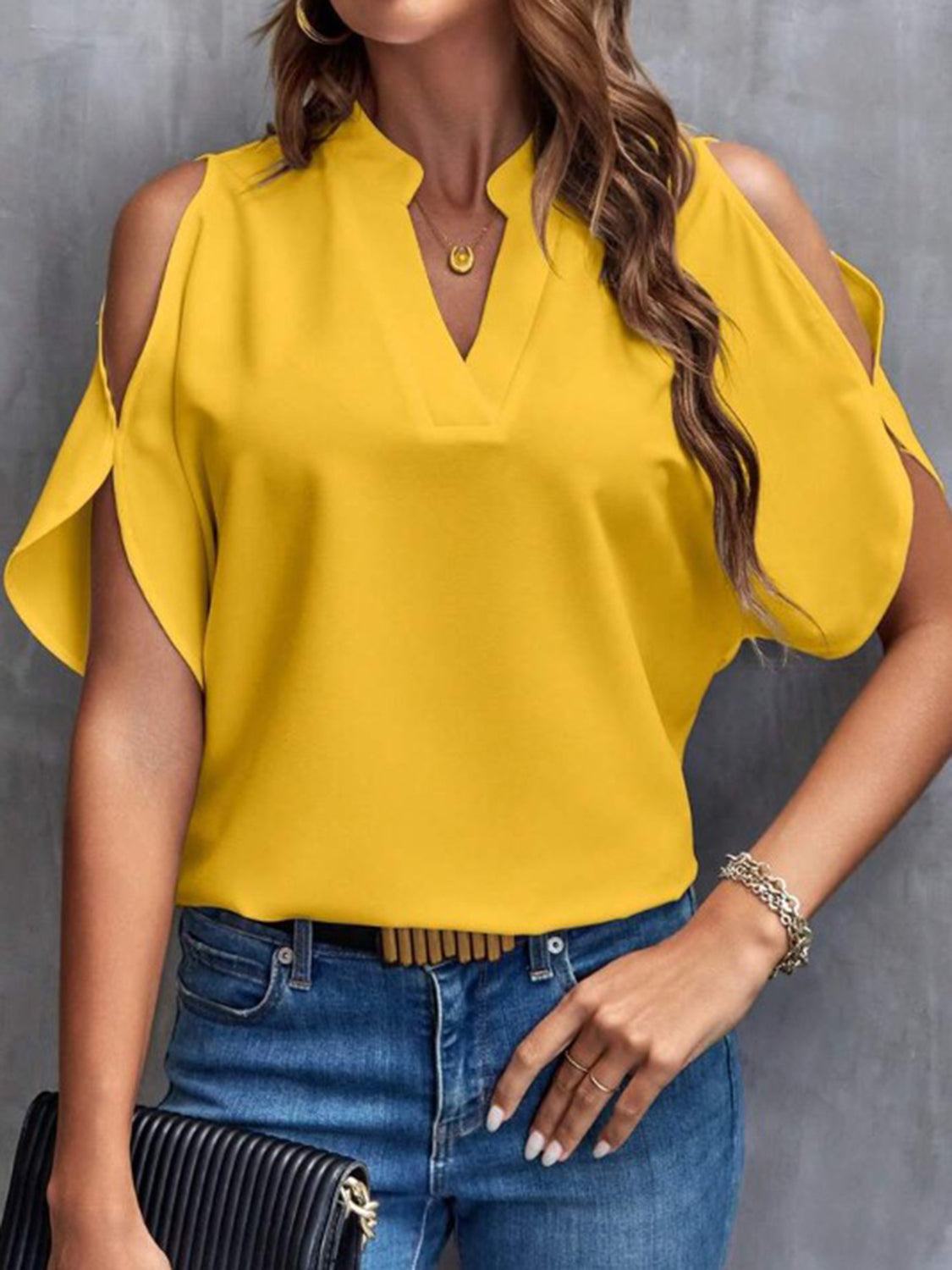 Notched Cold Shoulder Half Sleeve Blouse - RebelReine Apparel & Co.