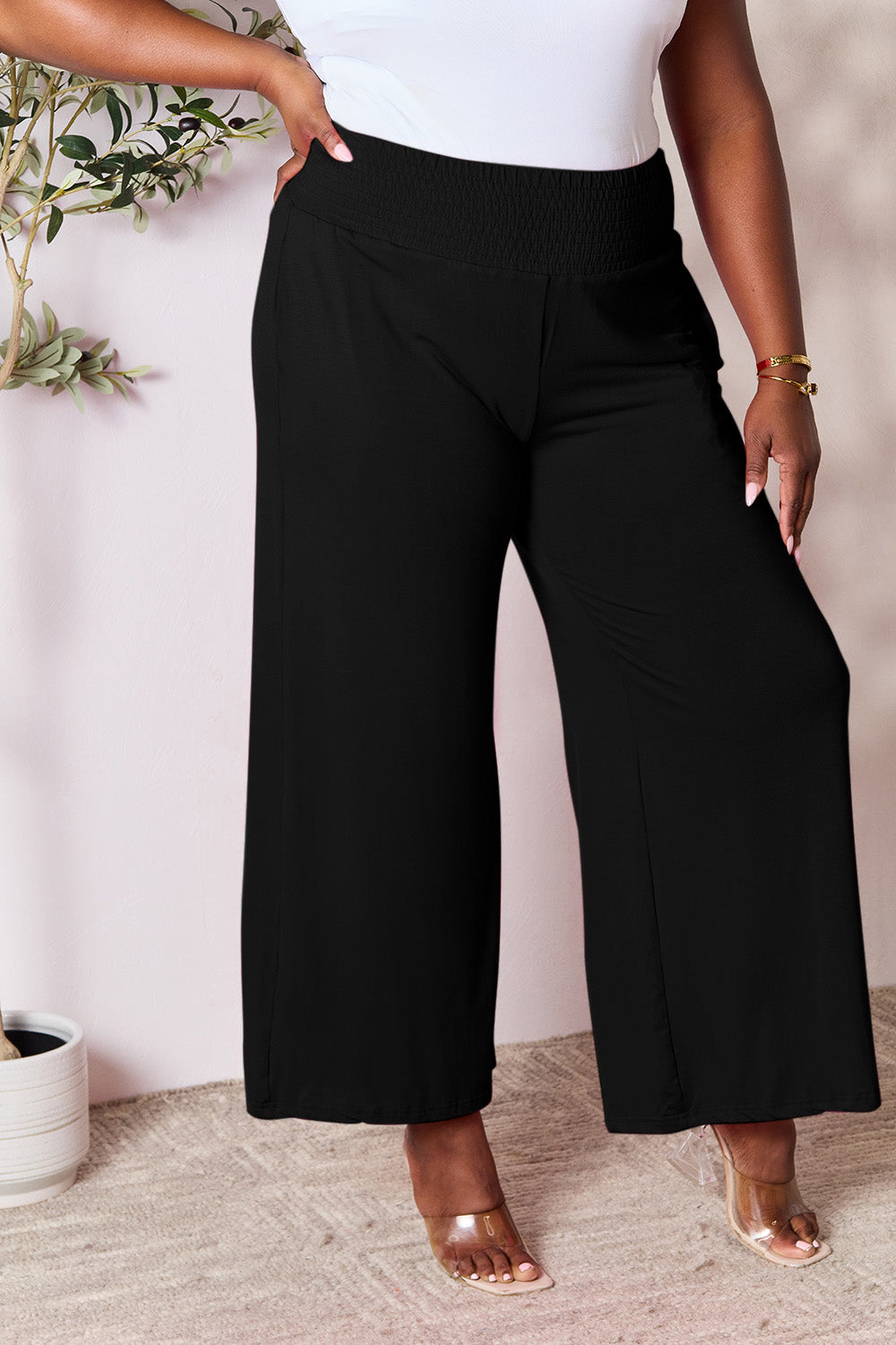 Double Take Full Size Smocked Wide Waistband Wide Leg Pants - RebelReine Apparel & Co.