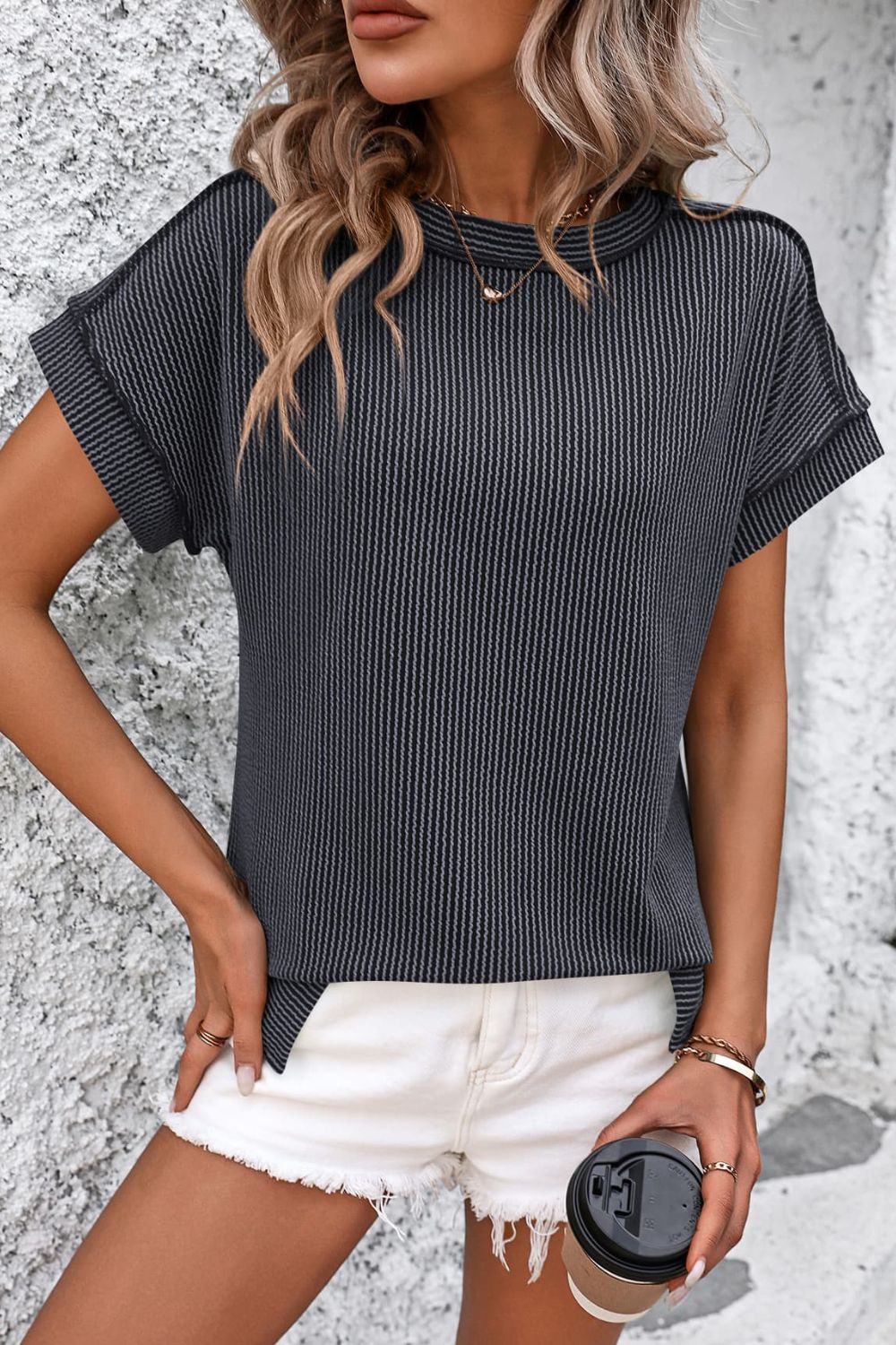 Striped Round Neck Short Sleeve T-Shirt - RebelReine Apparel & Co.