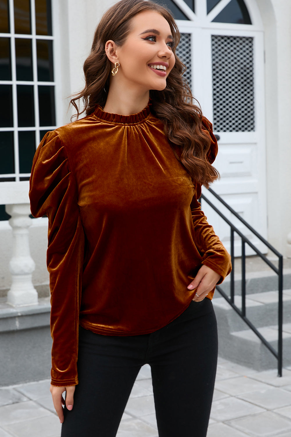 Frill Mock Neck Puff Sleeve Blouse