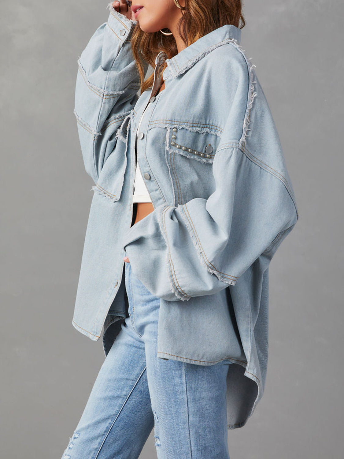 Button Down Raw Hem Denim Jacket - RebelReine Apparel & Co.