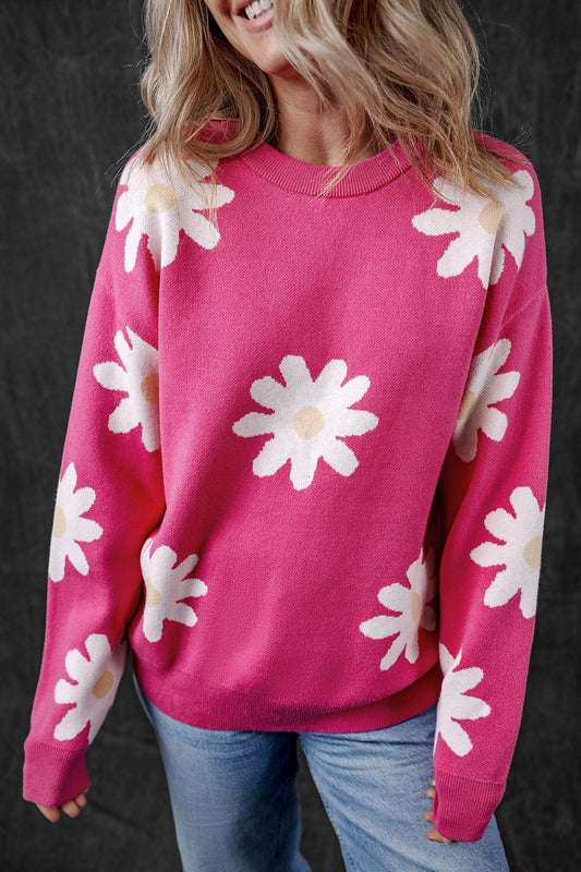 Daisy Round Neck Dropped Shoulder Sweater - RebelReine Apparel & Co.