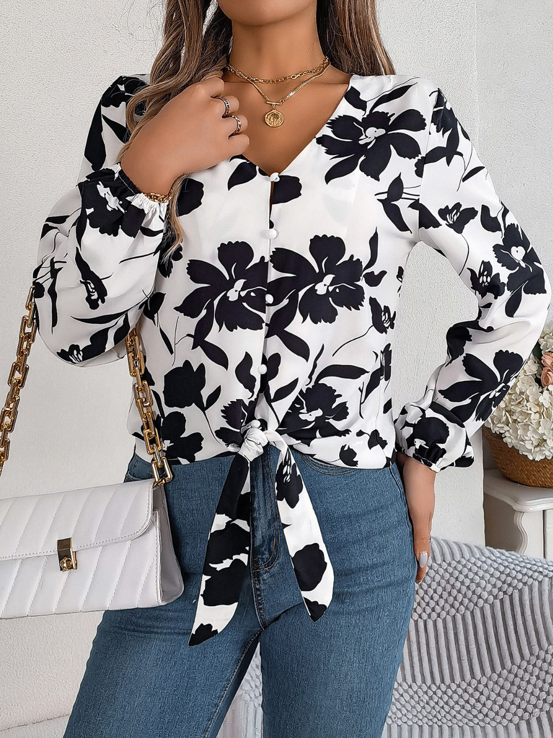 Printed V-Neck Long Sleeve Blouse - RebelReine Apparel & Co.