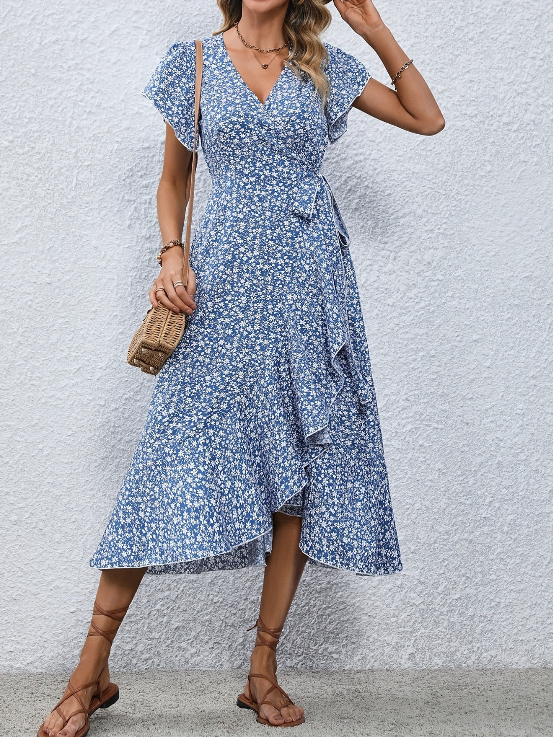 Printed Surplice Flutter Sleeve Midi Dress - RebelReine Apparel & Co.