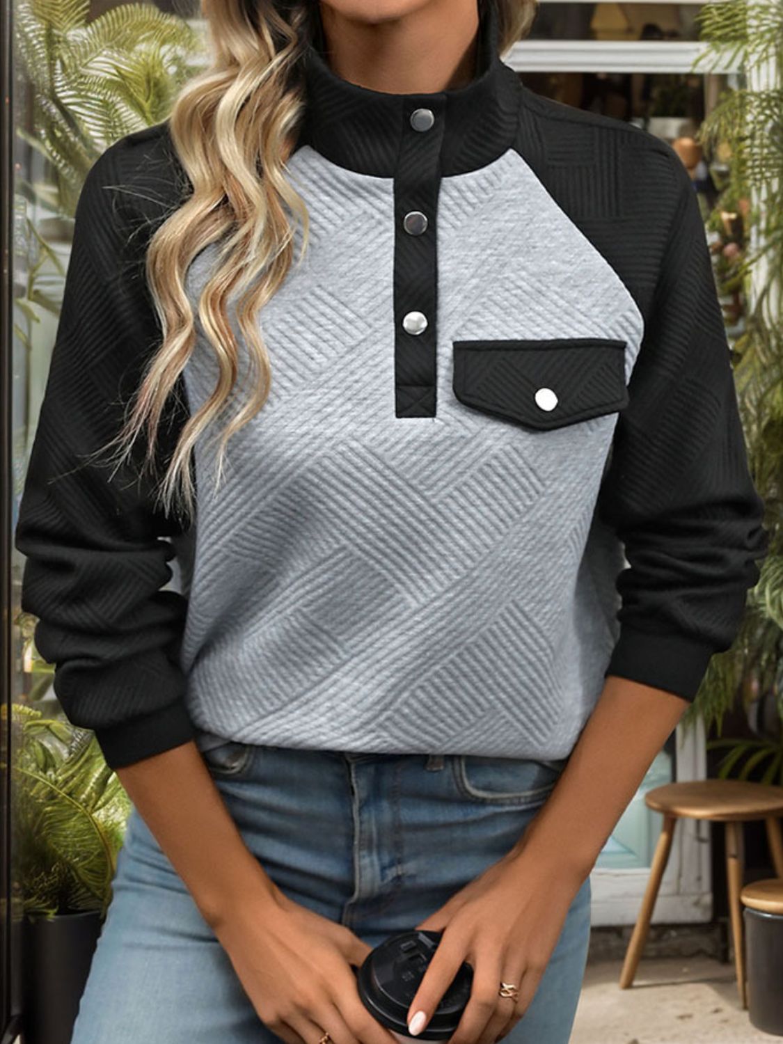 Contrast Textured Long Sleeve Sweatshirt