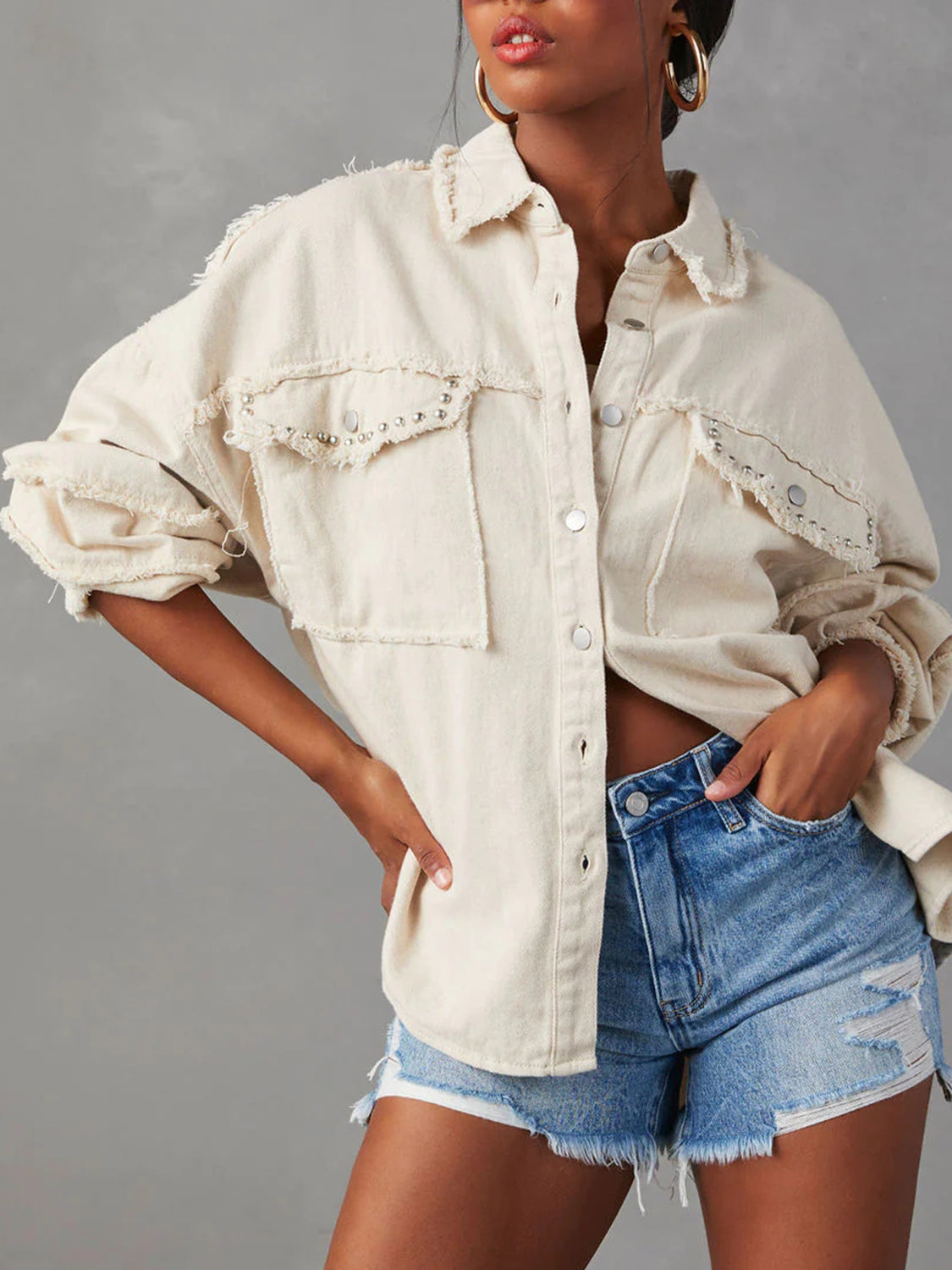 Button Down Raw Hem Denim Jacket - RebelReine Apparel & Co.