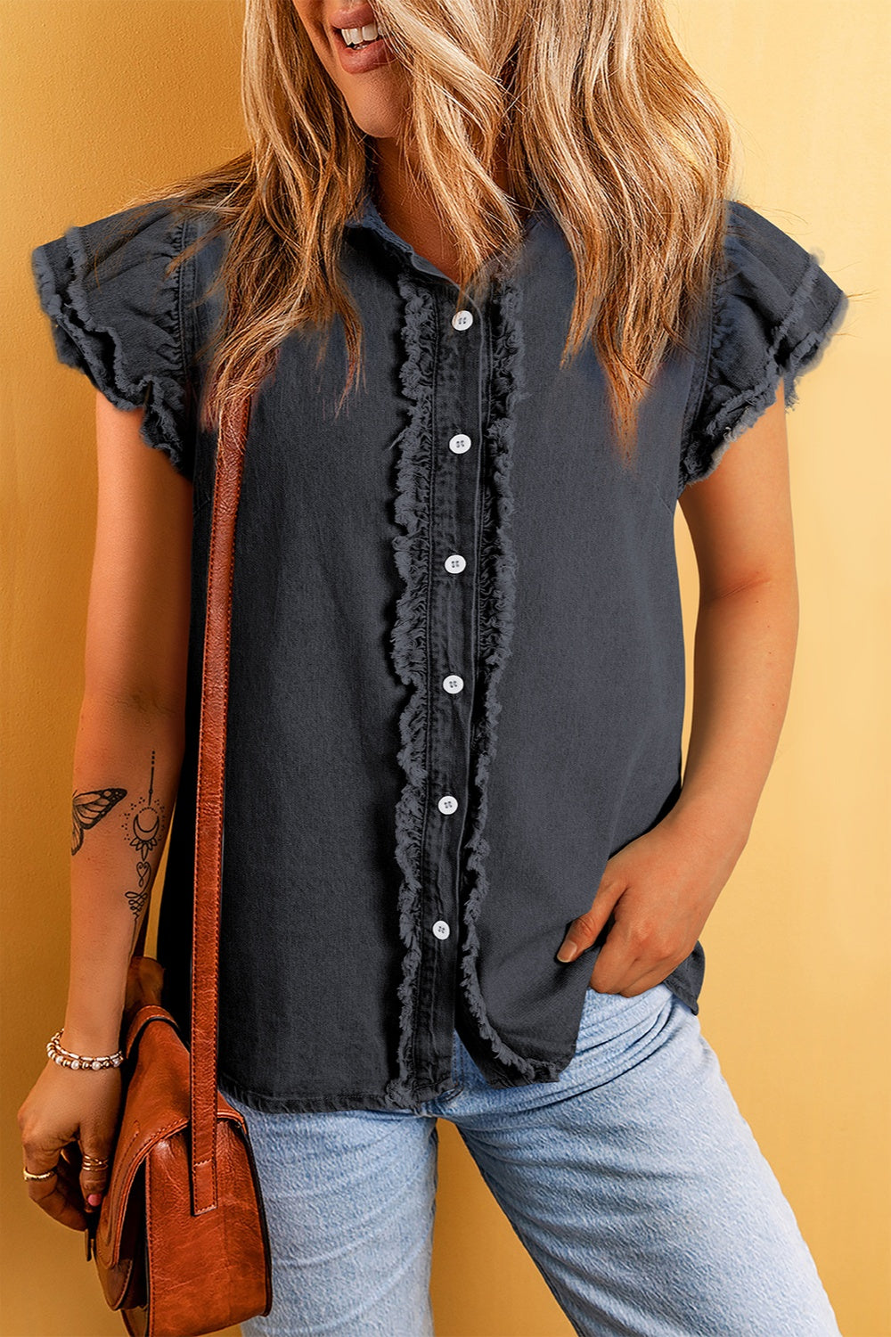 Raw Hem Button Up Cap Sleeve Denim Top - RebelReine Apparel & Co.