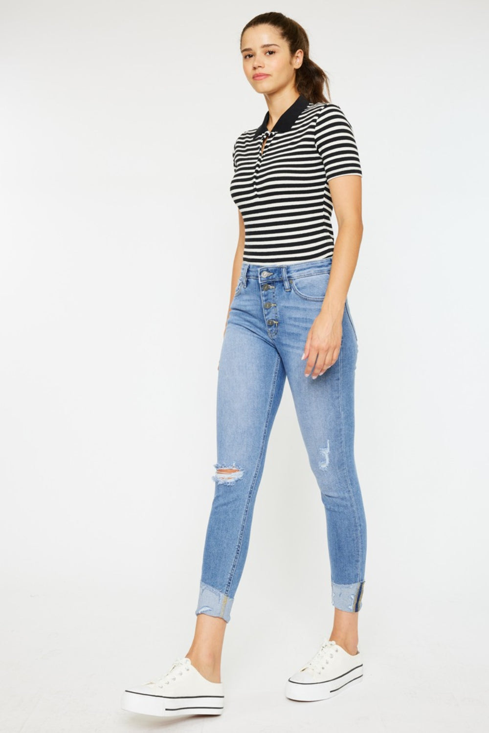 Kancan Distressed Cat's Whiskers Button Fly Jeans - RebelReine Apparel & Co.