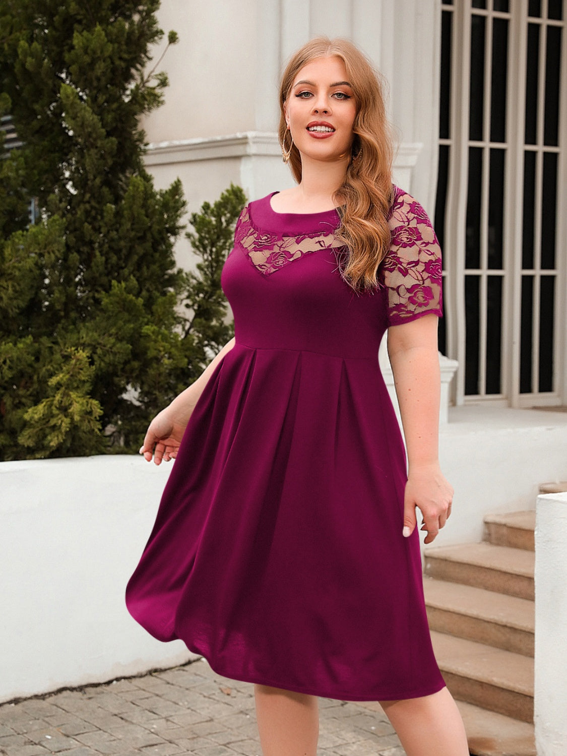 Plus Size Ruched Round Neck Short Sleeve Dress - RebelReine Apparel & Co.