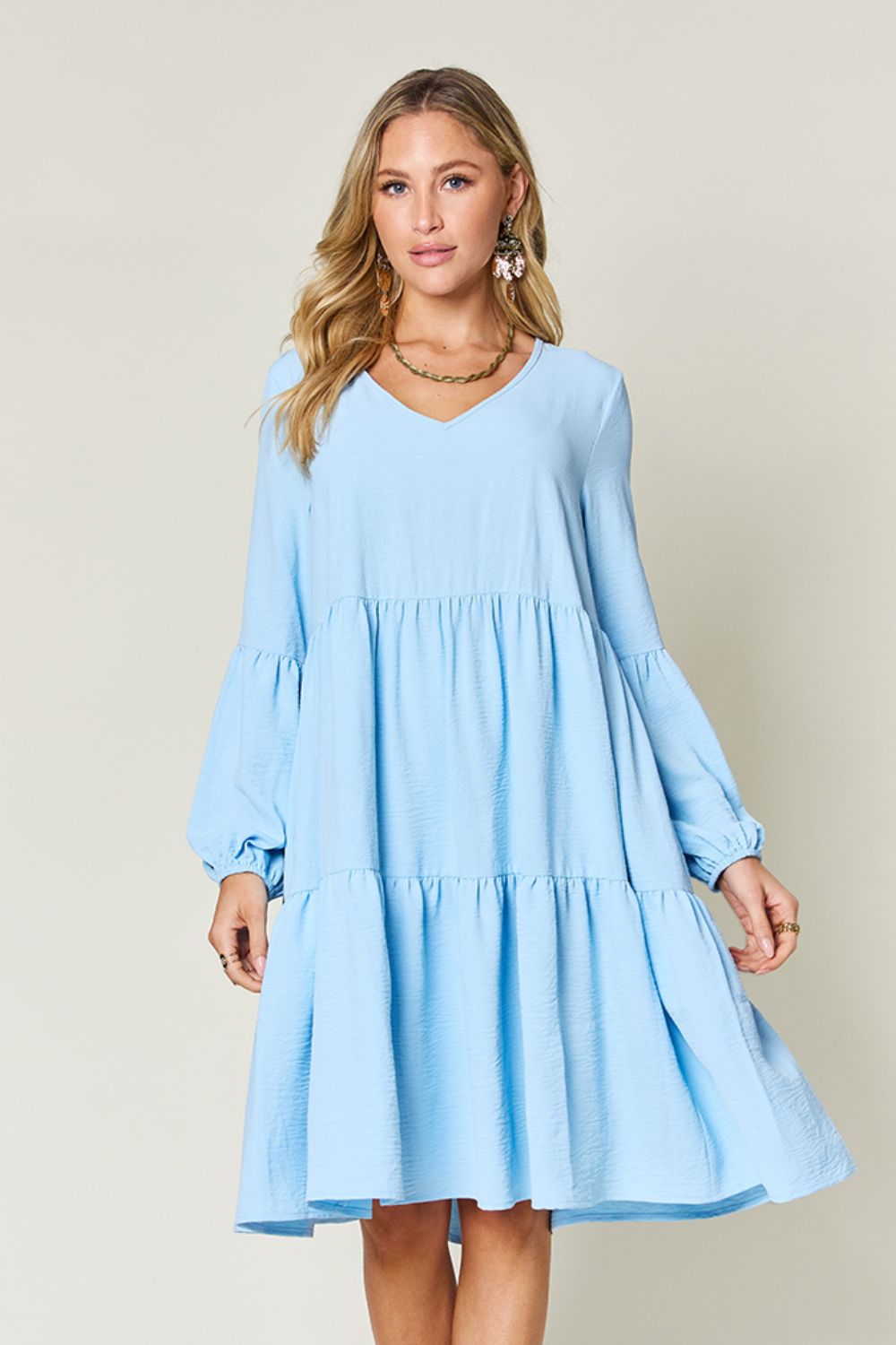 Double Take Full Size V-Neck Balloon Sleeve Tiered Dress - RebelReine Apparel & Co.