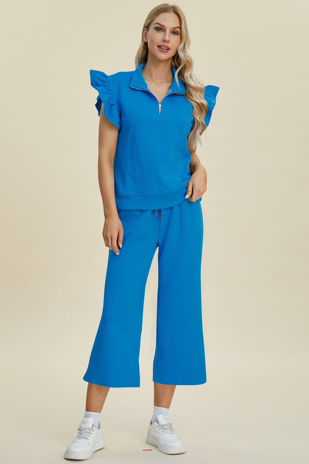 Double Take Full Size Texture Ruffle Short Sleeve Top and Wide Leg Pants Set - RebelReine Apparel & Co.