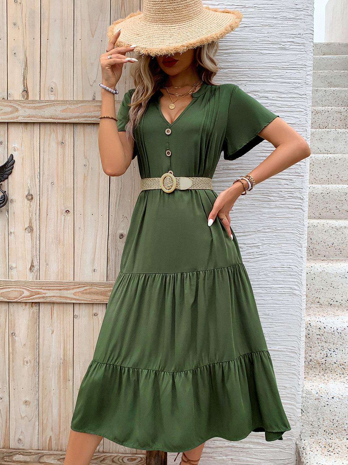 Tiered Notched Short Sleeve Midi Dress - RebelReine Apparel & Co.