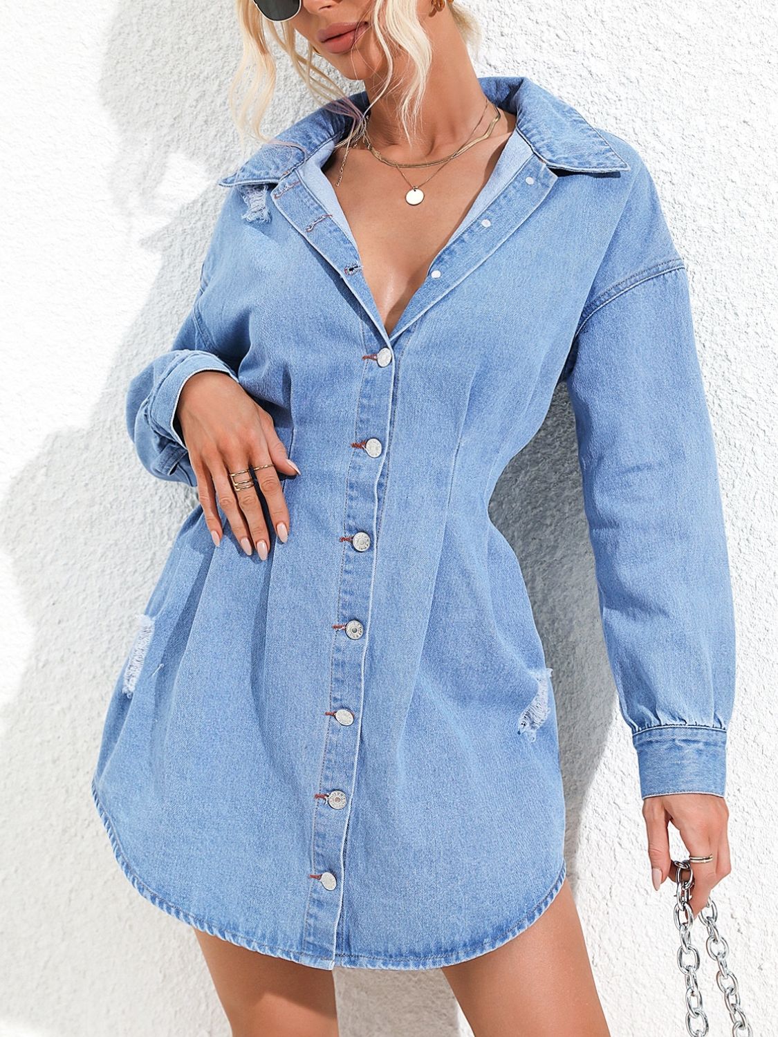 Distressed Button Up Long Sleeve Denim Dress - RebelReine Apparel & Co.