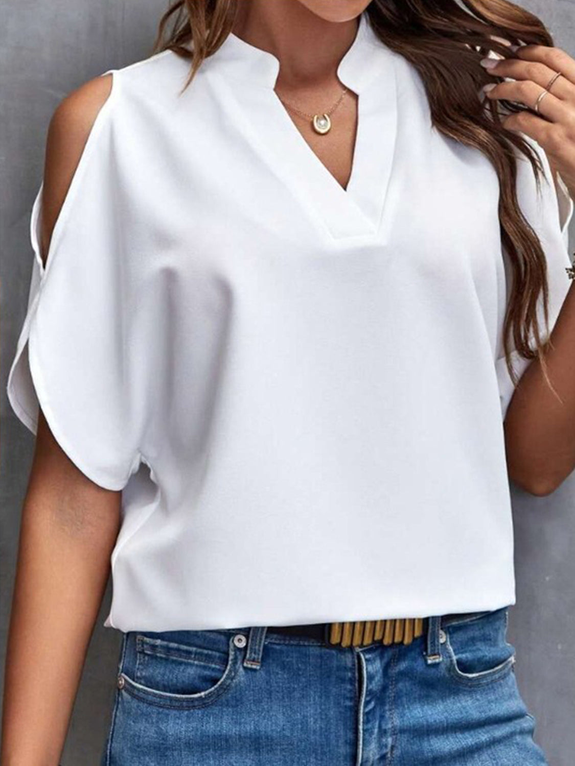 Notched Cold Shoulder Half Sleeve Blouse - RebelReine Apparel & Co.