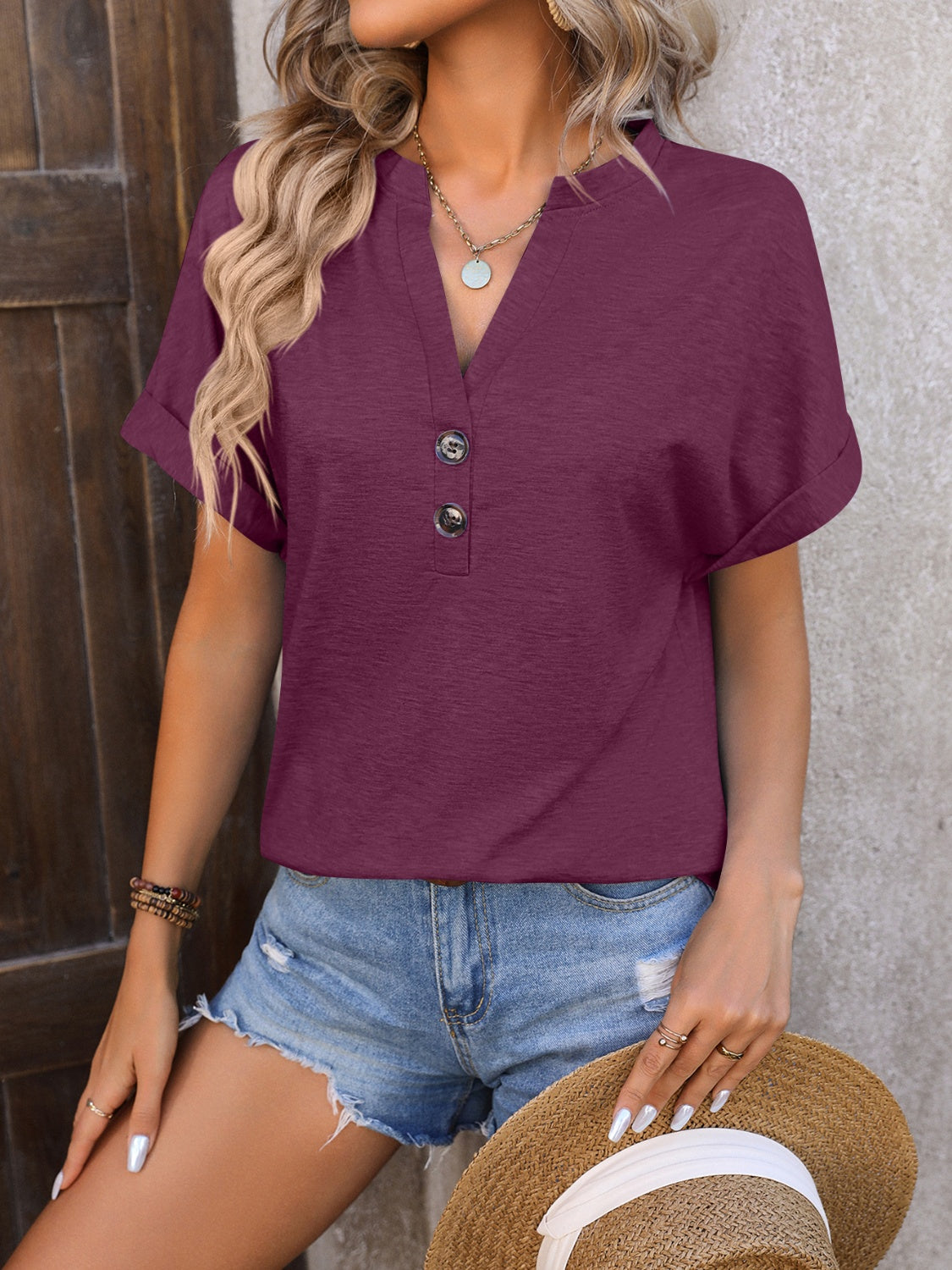 Notched Buttoned Short Sleeve T-Shirt - RebelReine Apparel & Co.