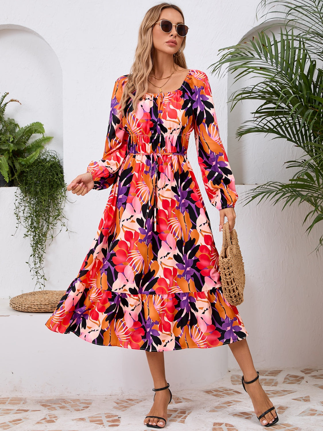 Printed Long Sleeve Midi Dress - RebelReine Apparel & Co.