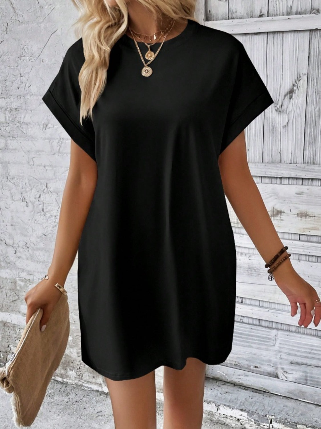 Pocketed Round Neck Short Sleeve Dress - RebelReine Apparel & Co.