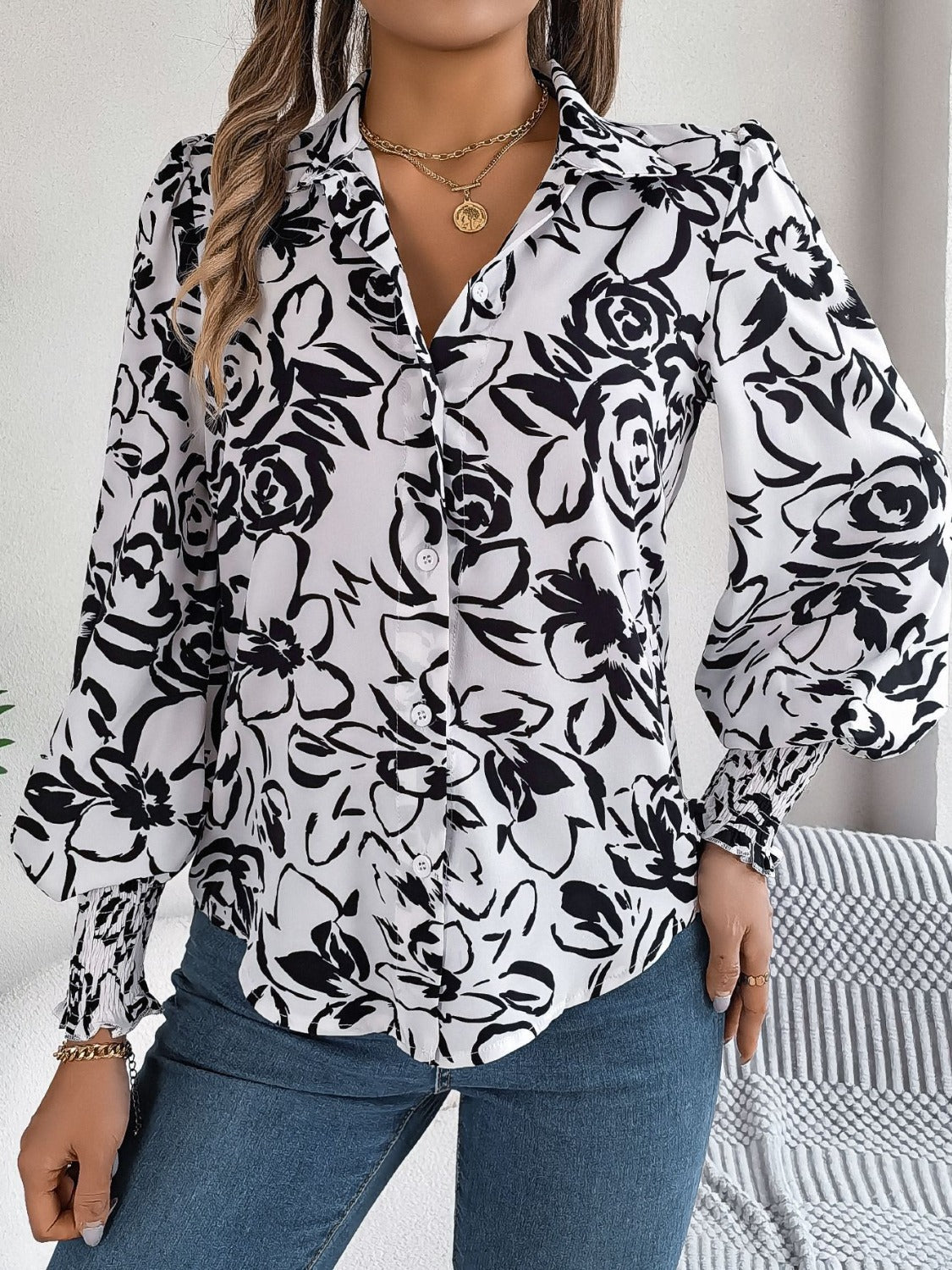 Printed Collared Neck Lantern Sleeve Shirt - RebelReine Apparel & Co.