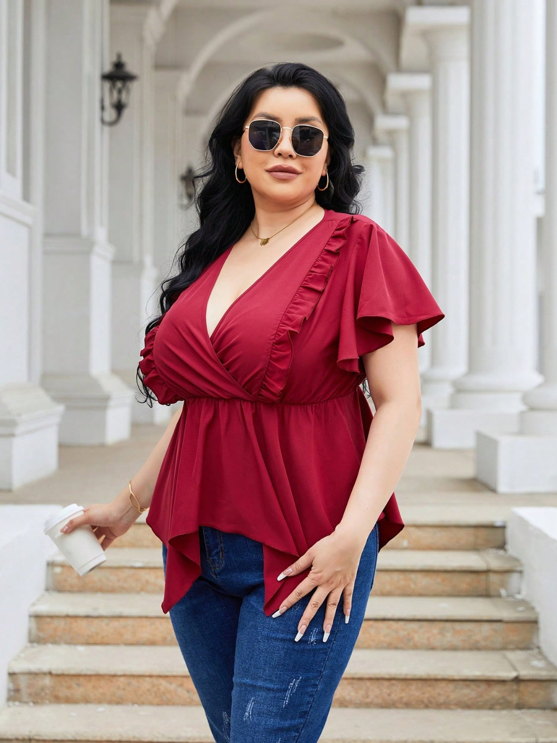 Plus Size Frill Surplice Flutter Sleeve Blouse - RebelReine Apparel & Co.