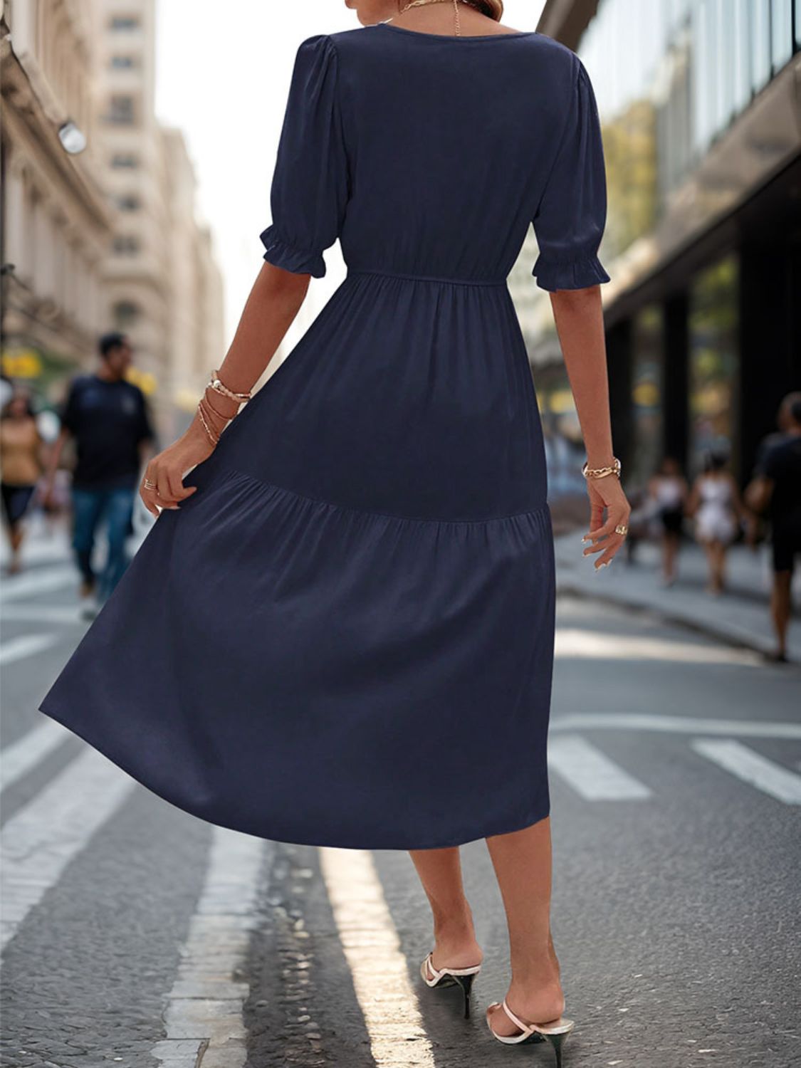 Ruched V-Neck Half Sleeve Midi Dress - RebelReine Apparel & Co.