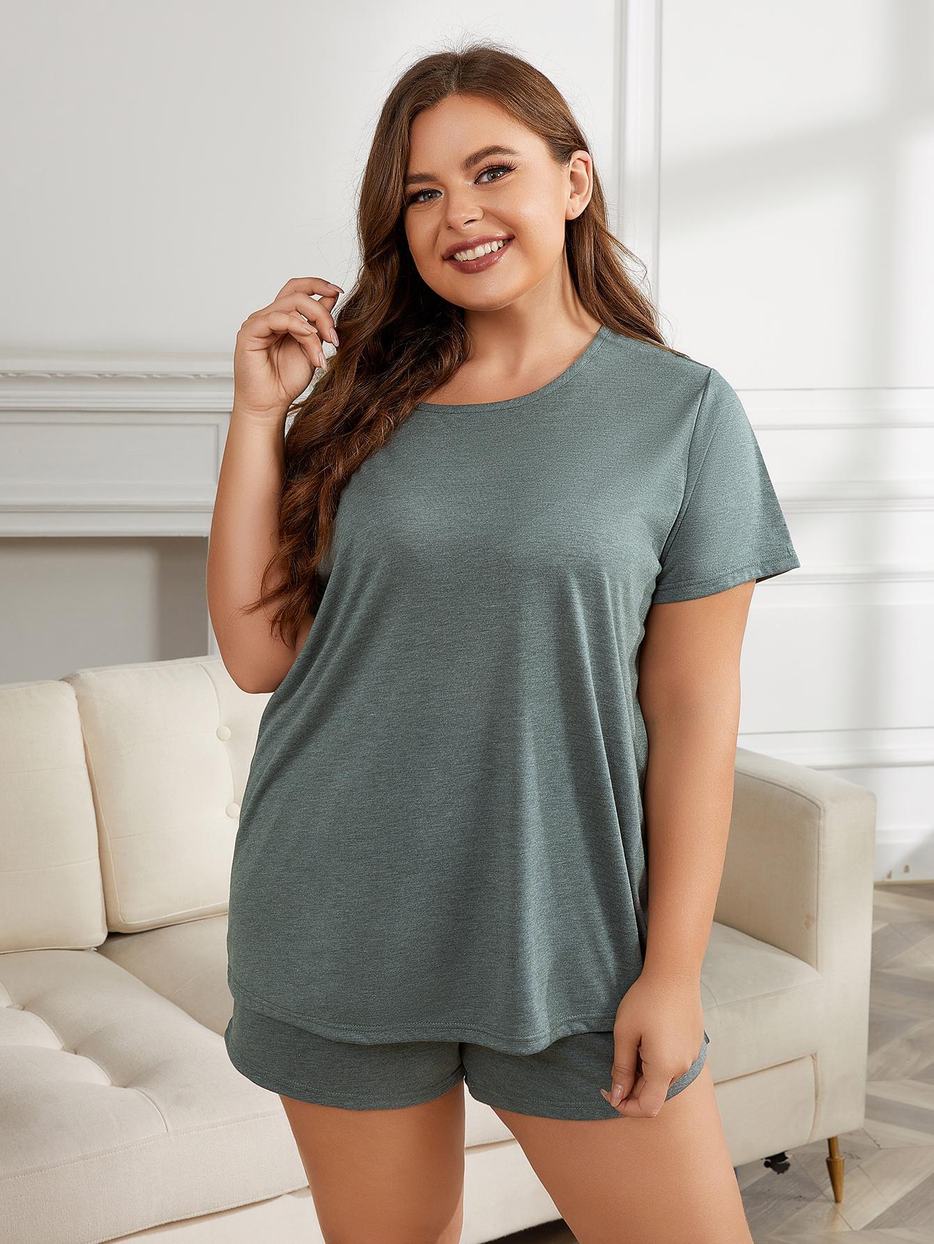 Plus Size Round Neck Short Sleeve Two-Piece Loungewear Set - RebelReine Apparel & Co.