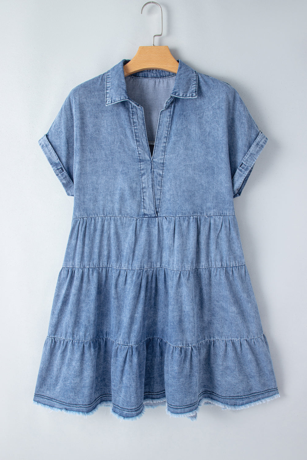 Raw Hem Collared Neck Short Sleeve Denim Dress - RebelReine Apparel & Co.