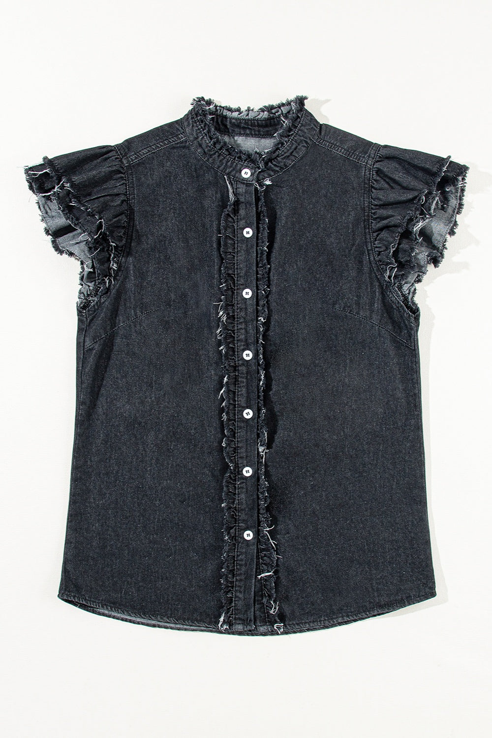 Raw Hem Button Up Cap Sleeve Denim Top - RebelReine Apparel & Co.