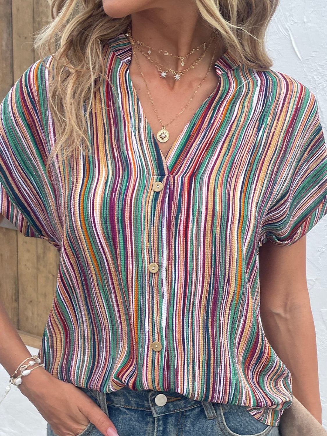 Striped Notched Short Sleeve Blouse - RebelReine Apparel & Co.